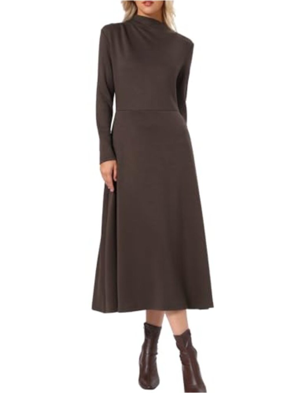 Ribbed Knit Maxi Dress Mock Neck Long Sleeve Fall